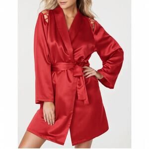 Fredericks of Hollywood Robe Plus Size 1X Red Short Satin Kimono Womens Lingerie